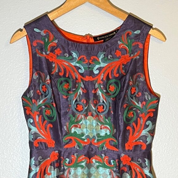 Pankaj and Nindhi Octave Dress Embroidered Orange Purple Lined A-Line Dress 4 - Picture 3 of 11